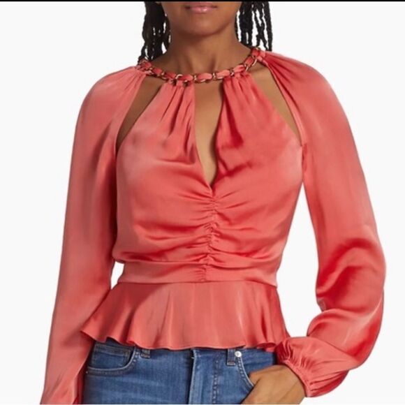 NWT Veronica Beard Yulita Cut-Out Silk-Blend Top Watermelon Size 6 - Picture 1 of 15